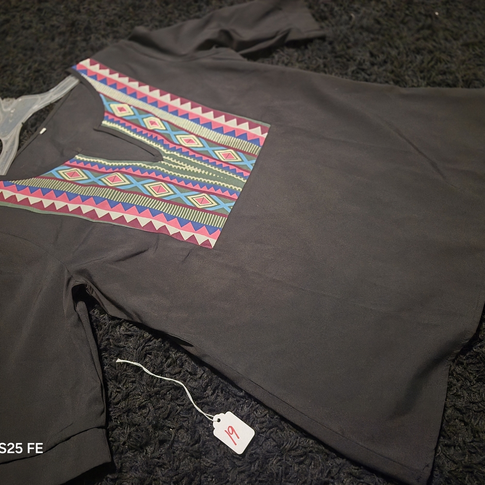 Women's Black Tunic Top with Colorful Geometric Yoke